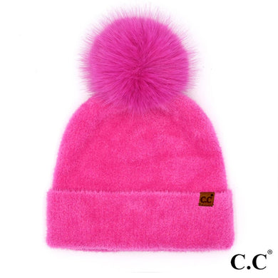 C.C Plush Terry Hot Pink Chenille Pom Beanie