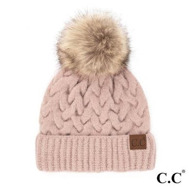 C.C Chunky Braid Cable Pattern Beanie Featuring Natural Faux Fur Pom