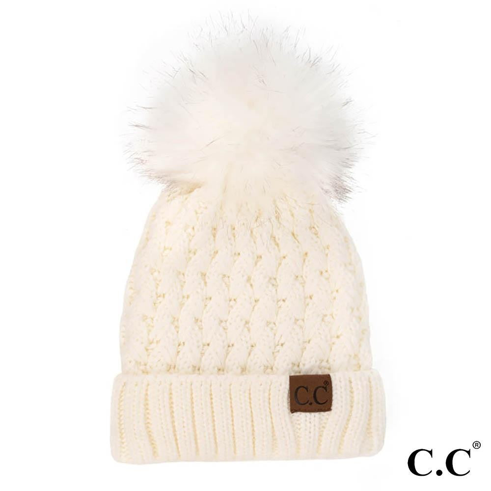 C.C Lattice Crossover Stitch Pattern Knit Pom Beanie