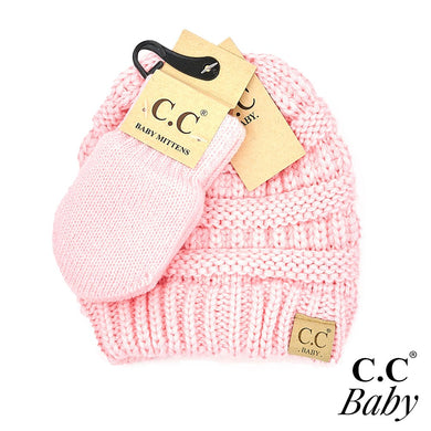 C.C Solid Ribbed Baby Beanie Hat and Mitten Glove Set- Pink