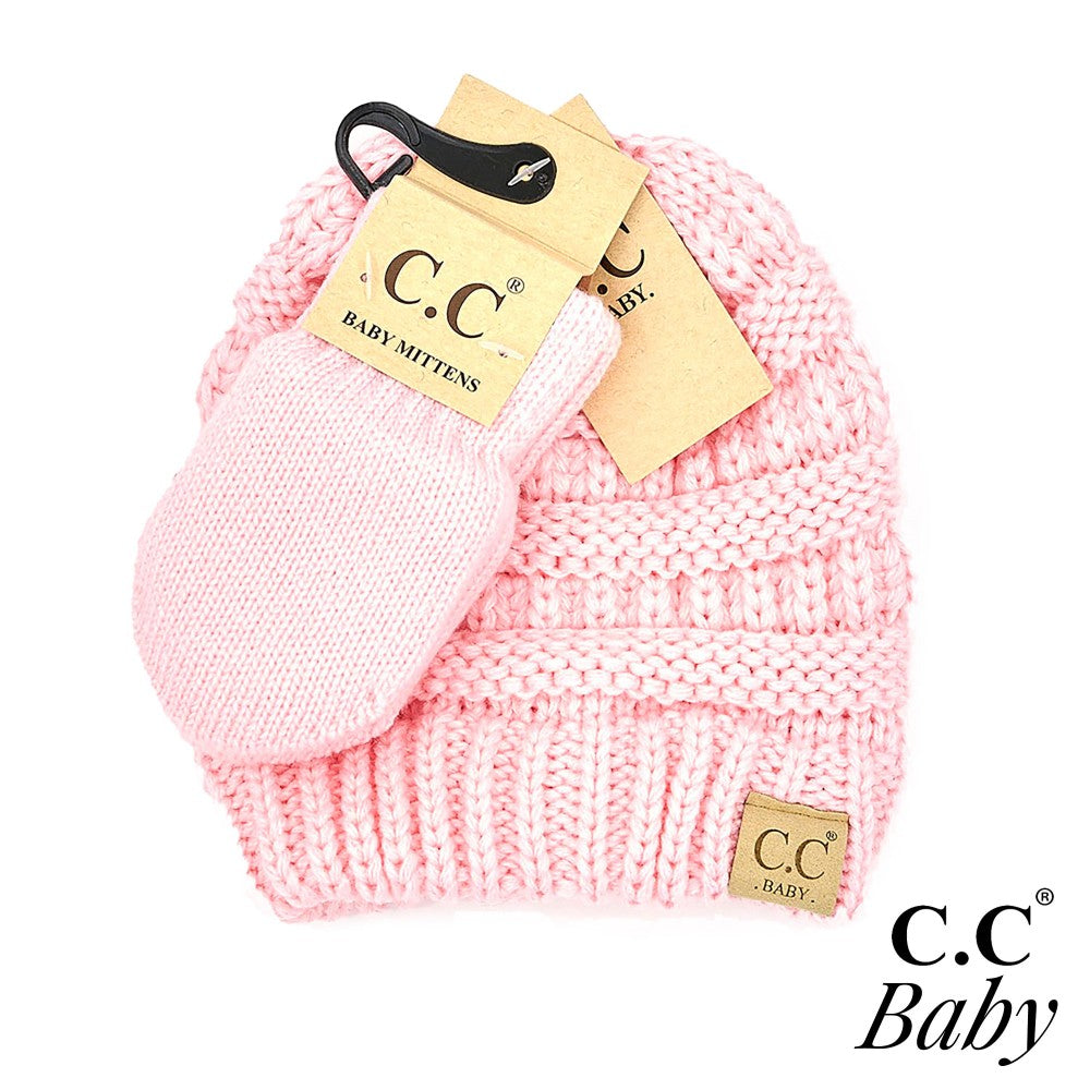 C.C Solid Ribbed Baby Beanie Hat and Mitten Glove Set- Pink