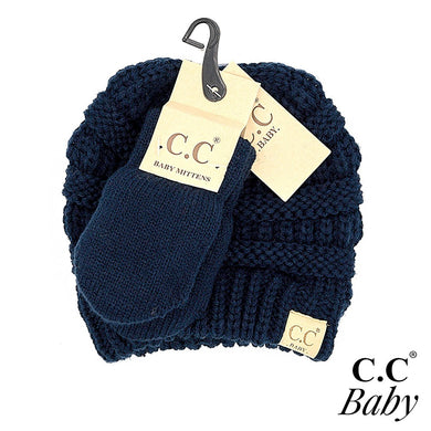 C.C Solid Ribbed Baby Beanie Hat and Mitten Glove Set