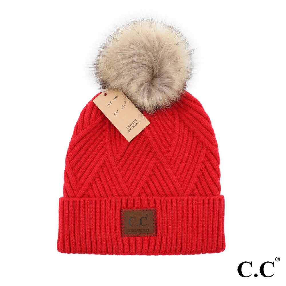 C.C Beanie Diagonal Stripe Knit Pattern Pom Beanie- Red