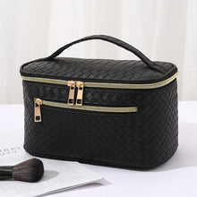 Load image into Gallery viewer, Black Vegan Leather Woven Travel Makeup Case