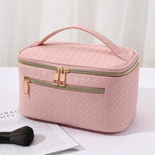 Load image into Gallery viewer, Pink Vegan Leather Woven Travel Makeup Case