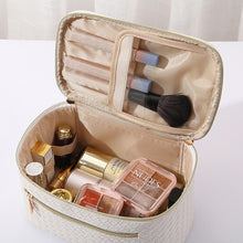 Load image into Gallery viewer, Pink Vegan Leather Woven Travel Makeup Case