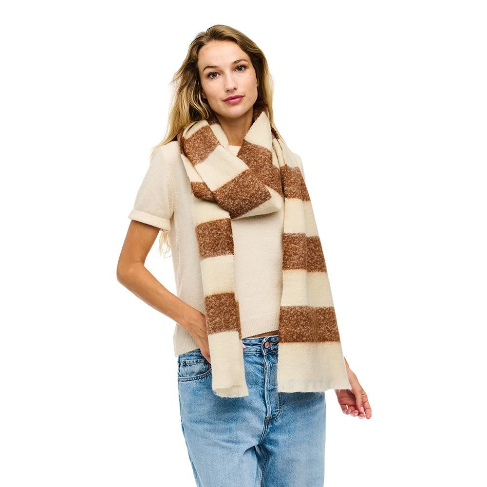 Fuzzy Knit Striped Scarf With Frayed Edge Detail