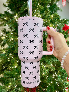 Pink Elegance 38 oz Stainless Steel Tumbler With Black Mini Coquette Bows