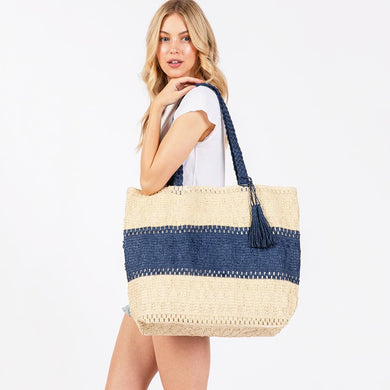 Navy Two Tone Woven Straw Tote Bag With Braided Straw Straps & Tassel Accent