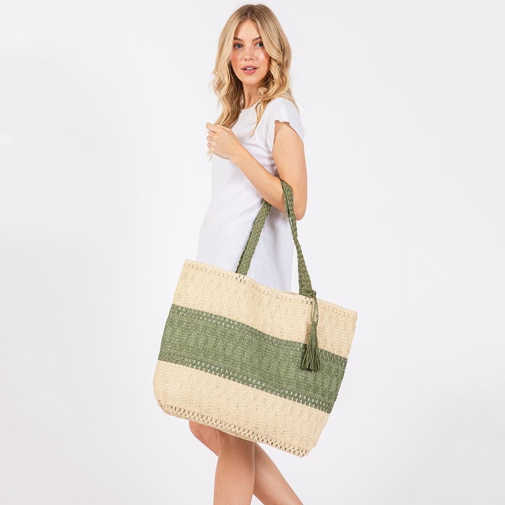 Olive Two Tone Woven Straw Tote Bag With Braided Straw Straps & Tassel Accent