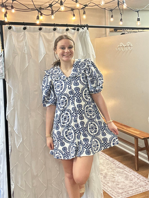 White & Blue Printed Dress with Oversize Collar with Ruffle Details