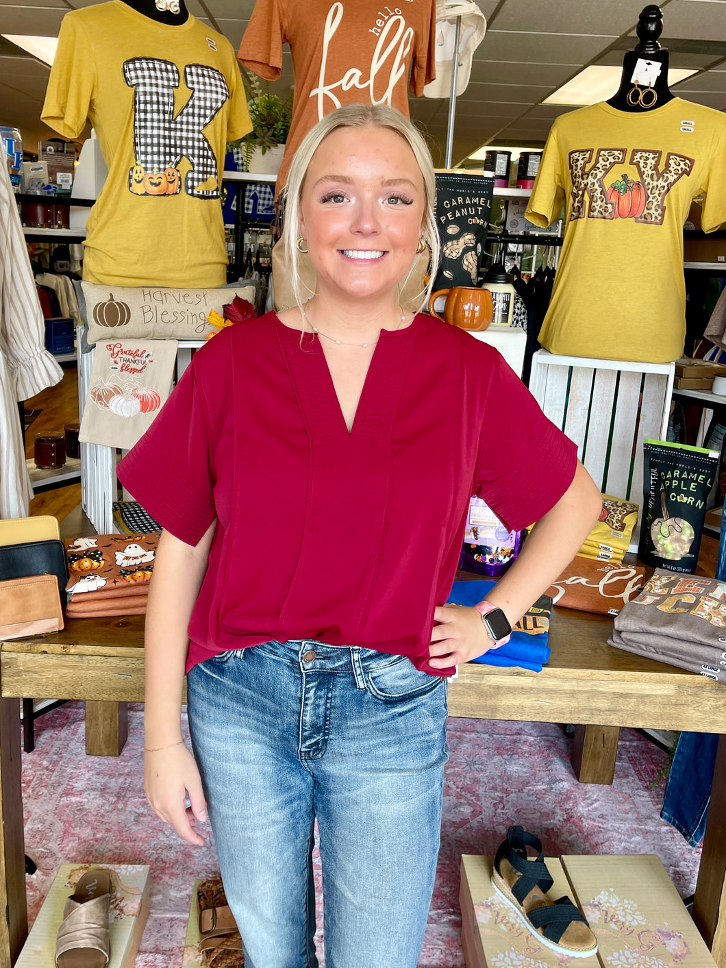 Ladies Solid Burgundy V-Neck Top