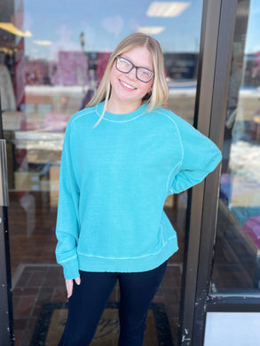 Ladies Washed Turquoise Crewneck Pullover a