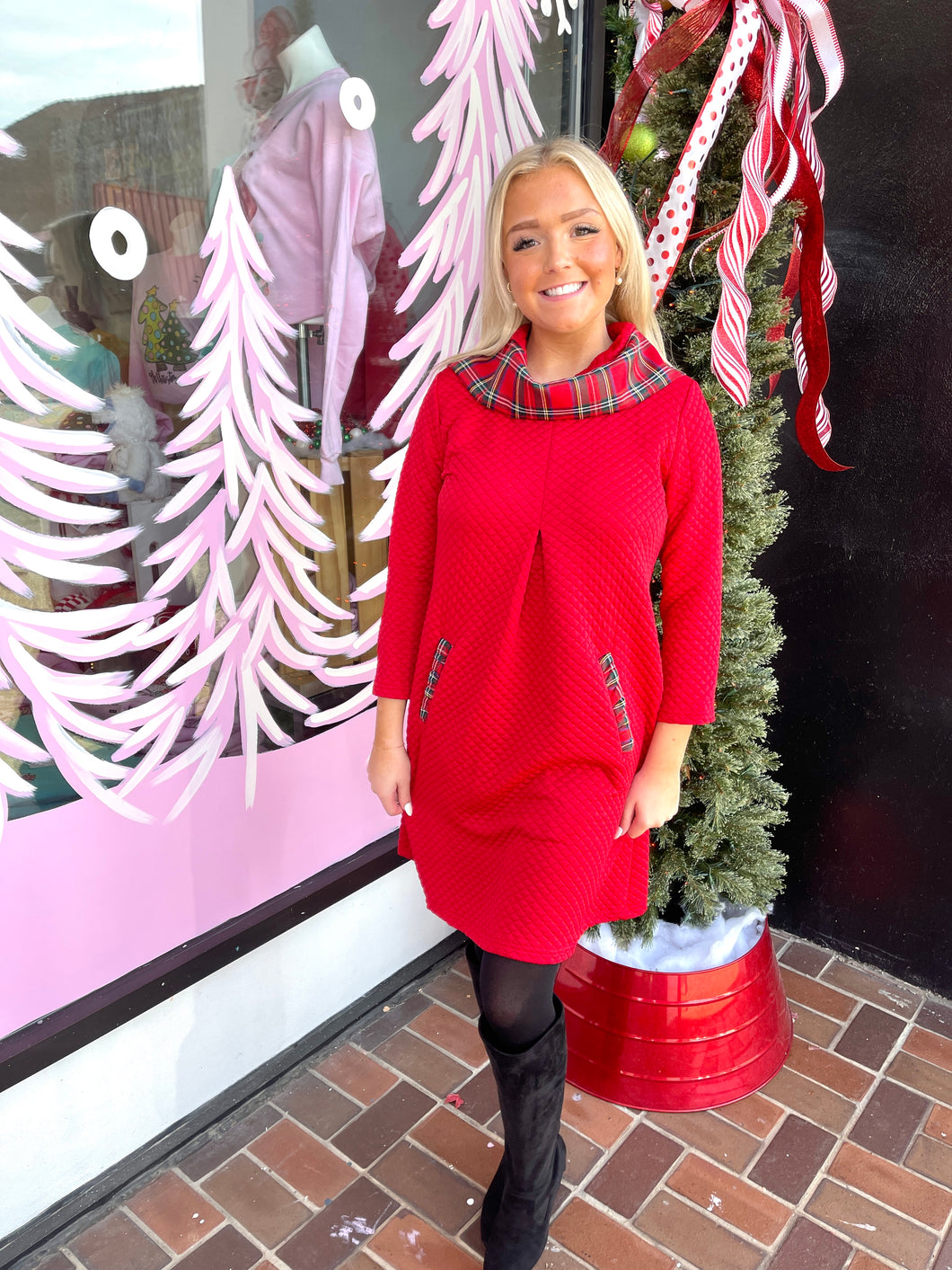 Ladies Christmas Red Quilted Dress With Plaid Trim