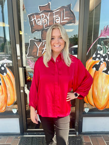 Ladies Red Satin Oversized Button Down With Balloon Sleeves Top