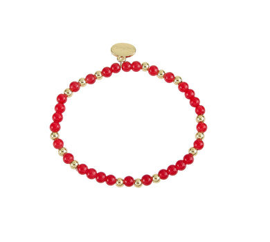 Red Glass Stone And Gold Ball Bead Stacker Stretch Bracelet- 4MM