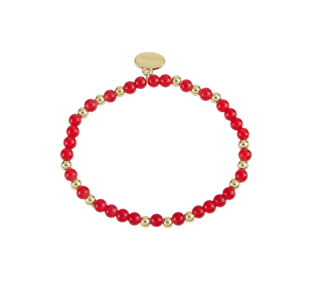 Red Glass Stone And Gold Ball Bead Stacker Stretch Bracelet- 4MM