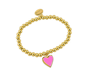 Gold Ball Bead With Pink Heart Charm Stacker Stretch Bracelet- 5MM