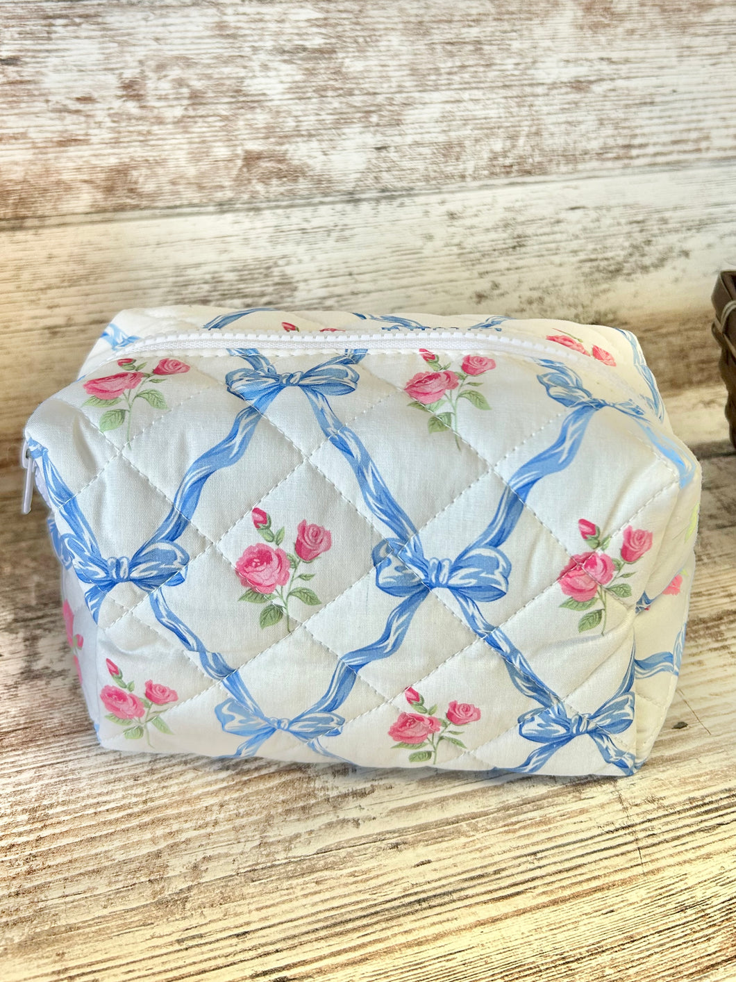 Quilted Stitched Makeup Pouch With Flower & Bow Print