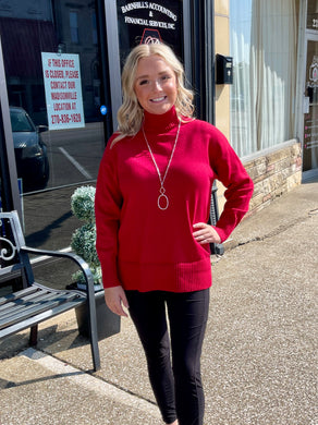 Ladies Hi-Lo Mock Neck Tunic Sweater-Red