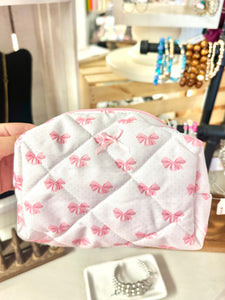 Quilted Puffer Pink Bow Print Makeup Pouch