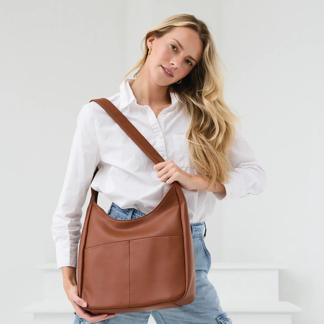 Calgary Soft Hobo With Front Pockets- Brown