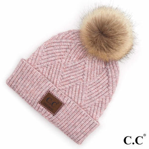 C.C Beanie Diagonal Stripe Knit Pattern Pom Beanie- Rose