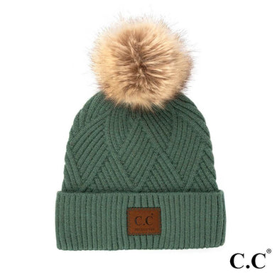 C.C Beanie Diagonal Stripe Knit Pattern Pom Beanie- Sea Green